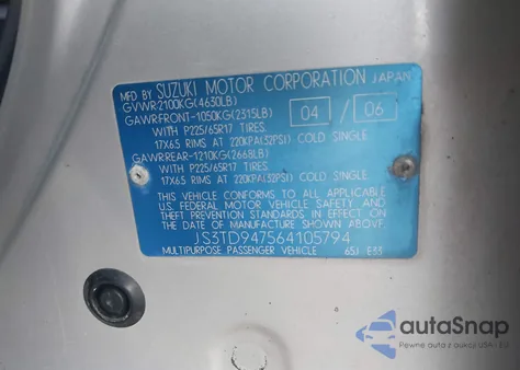 2006 Suzuki Grand Vitara Luxury from USA, damaged, VIN JS3TD947564105794